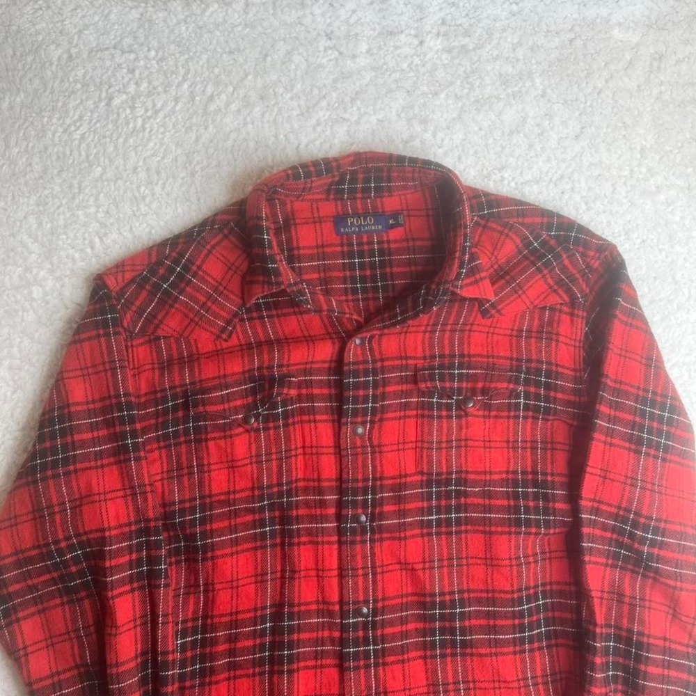 Polo Ralph Lauren men's red buffalo plaid western‎ pearl snap flannel shirt xl